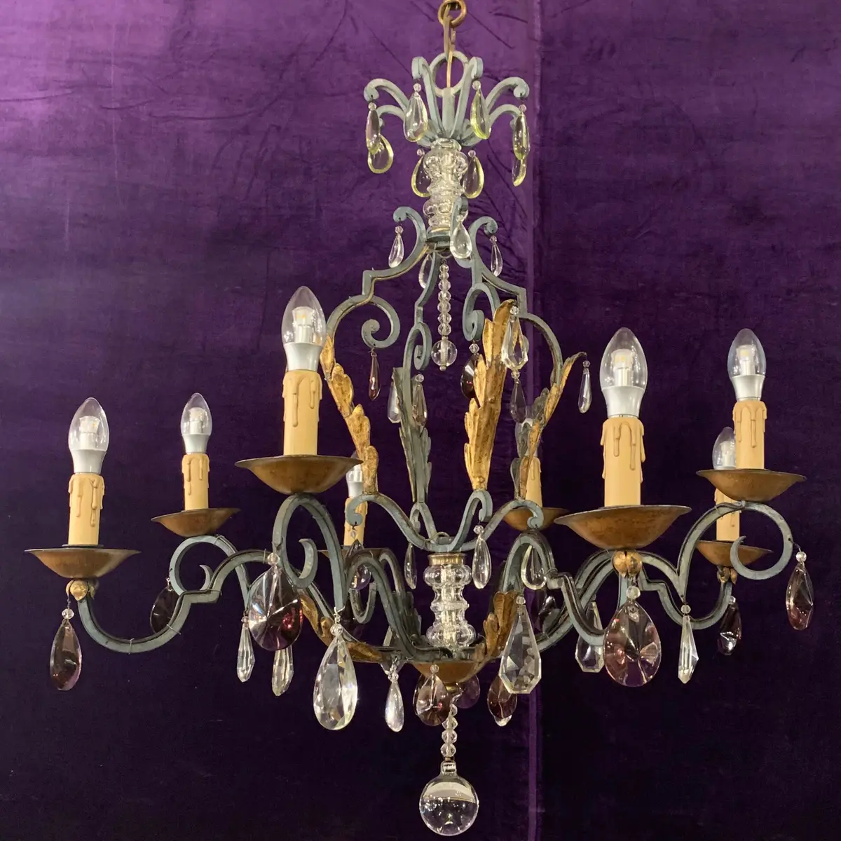 Wrought Iron Chandelier With Gold Leaf Detail And Purple Crystals 1