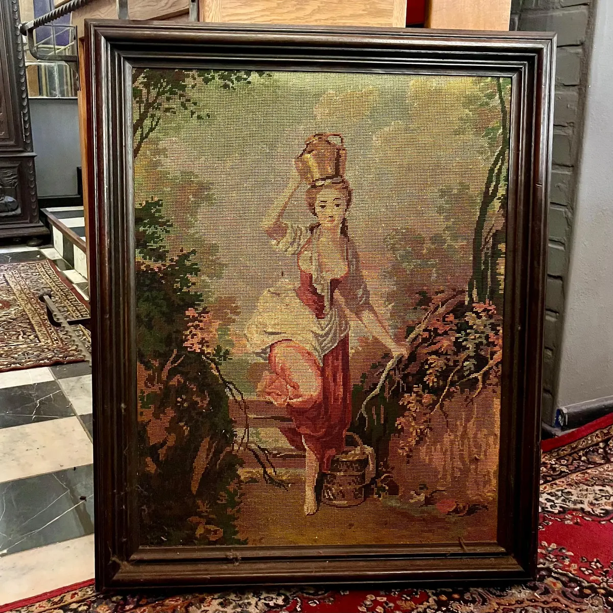 Vintage Framed Tapestry In A Dark Wood Frame 1