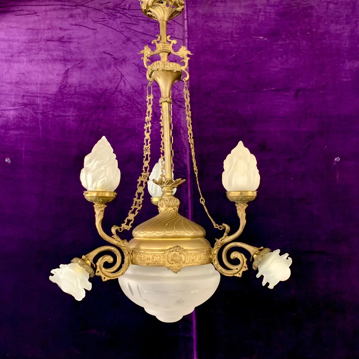 Gorgeous Gilt Empire Chandelier With Original Etched Glass - Sold 1