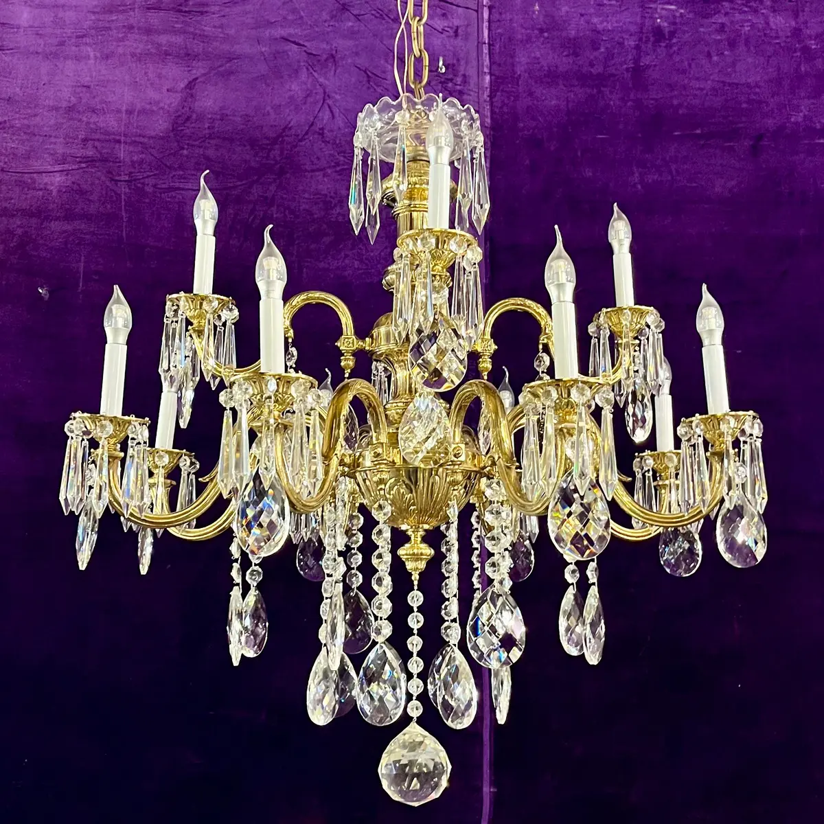Antique French Heavy Polished Brass And Crystal Chandelier - Pair Available 1