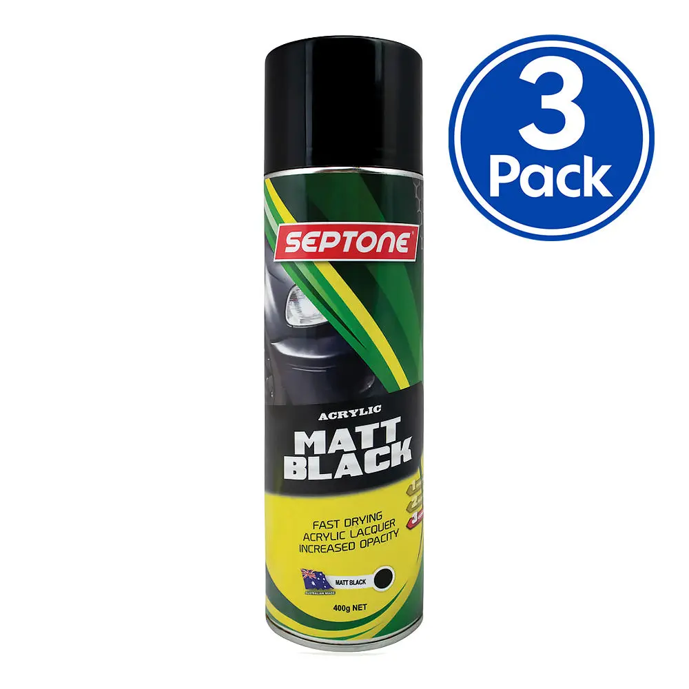 Septone Automotive Acrylic Lacquer Spray Paint 400G Aerosol Matt Black X 3 Pack 1