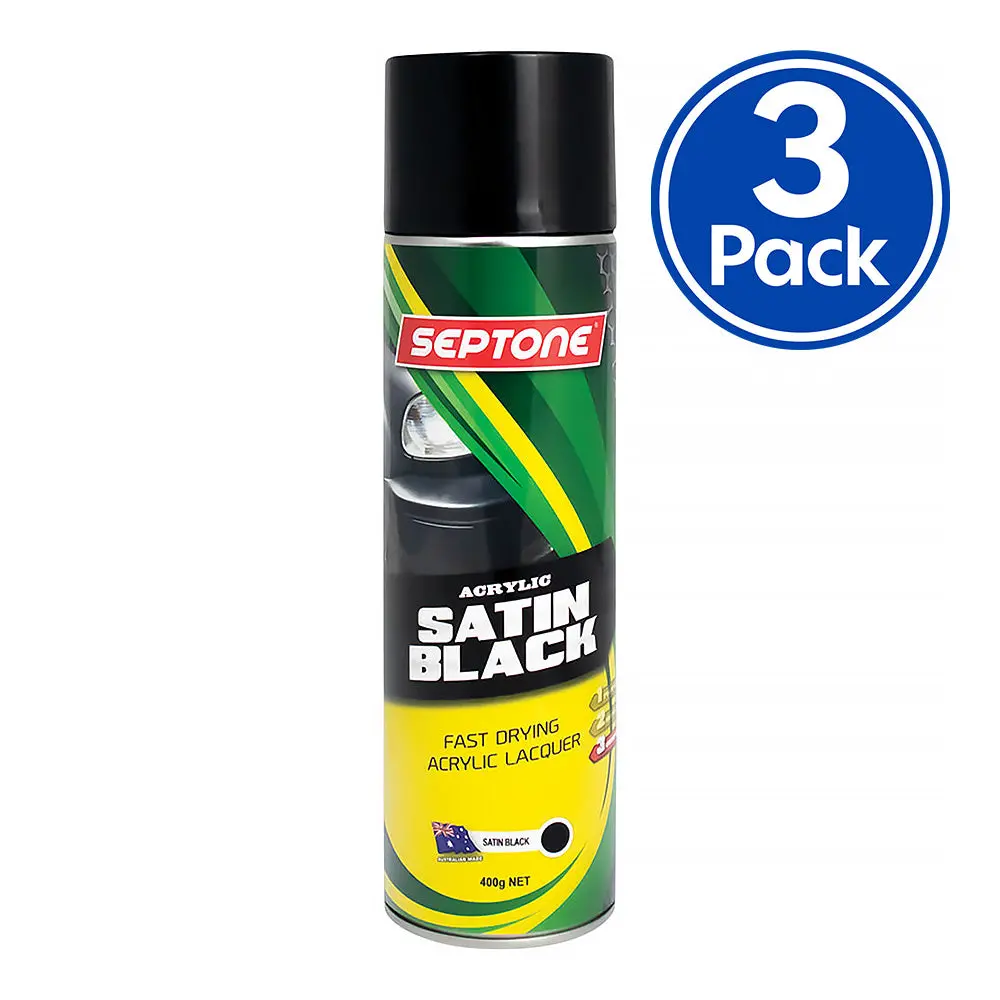 Septone Automotive Acrylic Lacquer Spray Paint 400G Aerosol Satin Black X 3 Pack 1