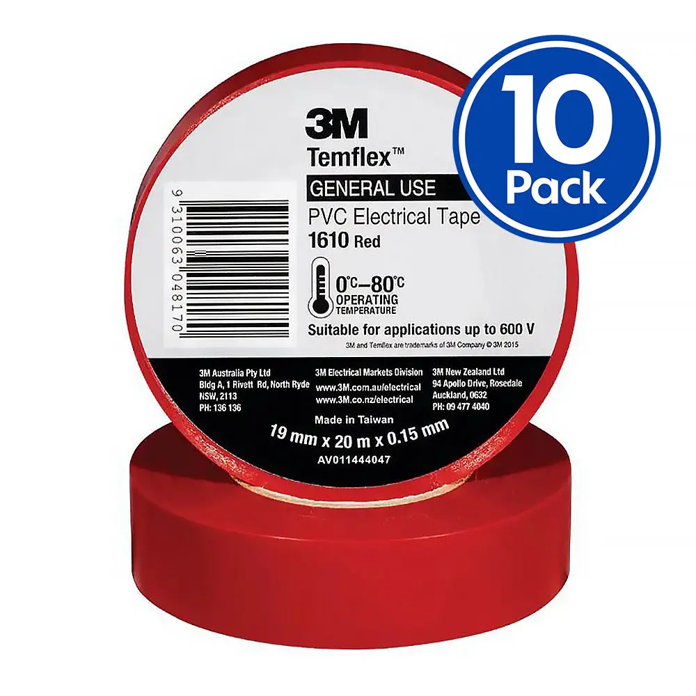 3M Temflex 1610 General Purpose Vinyl Electrical Tape 19Mm X 20M Red X 10 Pack 1