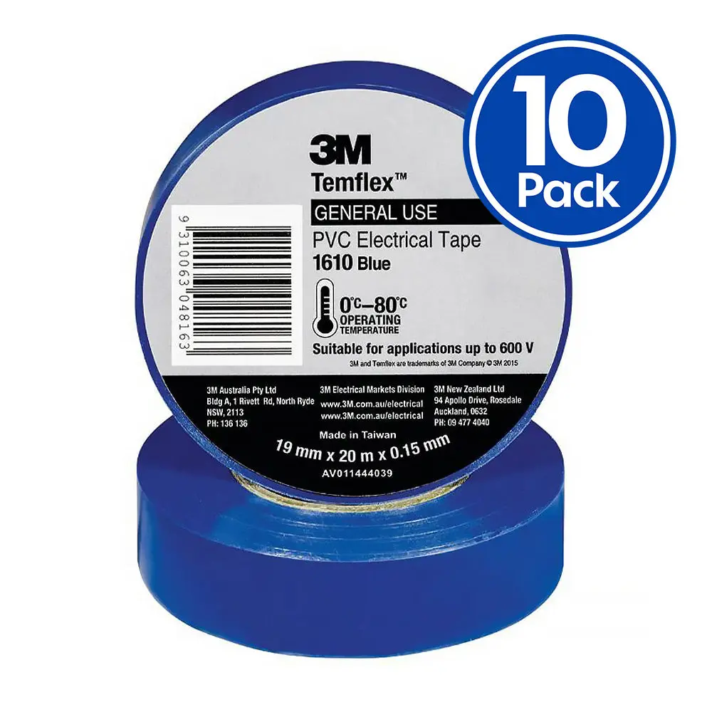 3M Temflex 1610 General Purpose Vinyl Electrical Tape 19Mm X 20M Blue X 10 Pack 1