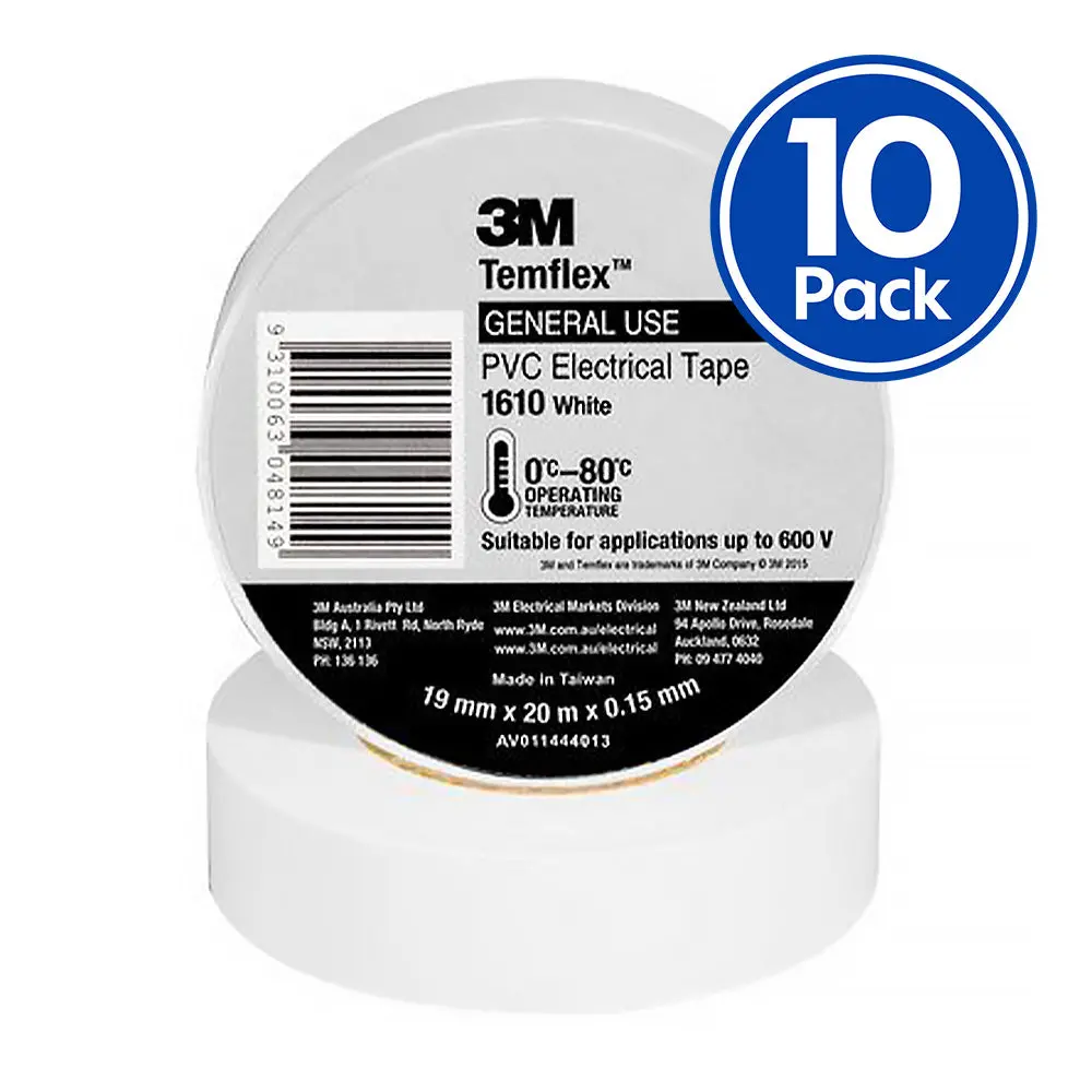 3M Temflex 1610 General Purpose Vinyl Electrical Tape 19Mm X 20M White X 10 Pack 1