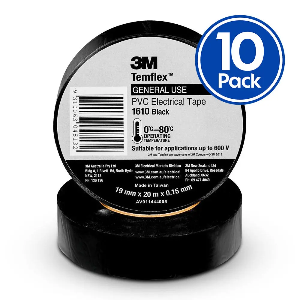 3M Temflex 1610 General Purpose Vinyl Electrical Tape 19Mm X 20M Black X 10 Pack 1