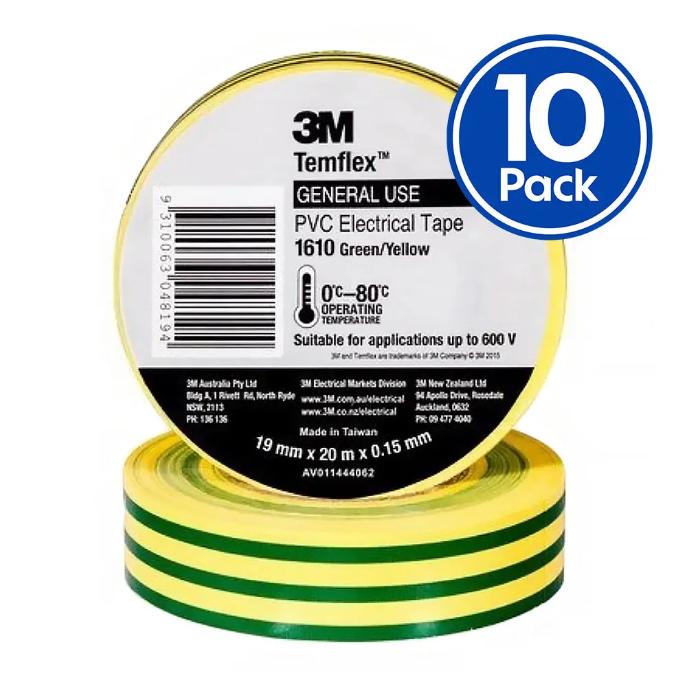 3M Temflex 1610 General Purpose Electrical Tape 19Mm X 20M Green/Yellow X 10 Pack 1