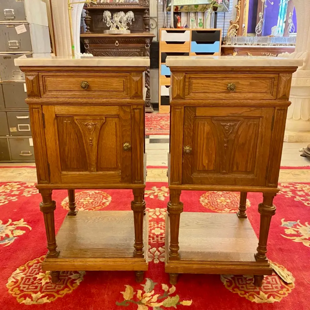 Antique Carved Oak Bedside Pedestals With White Marble Top - Sold 1