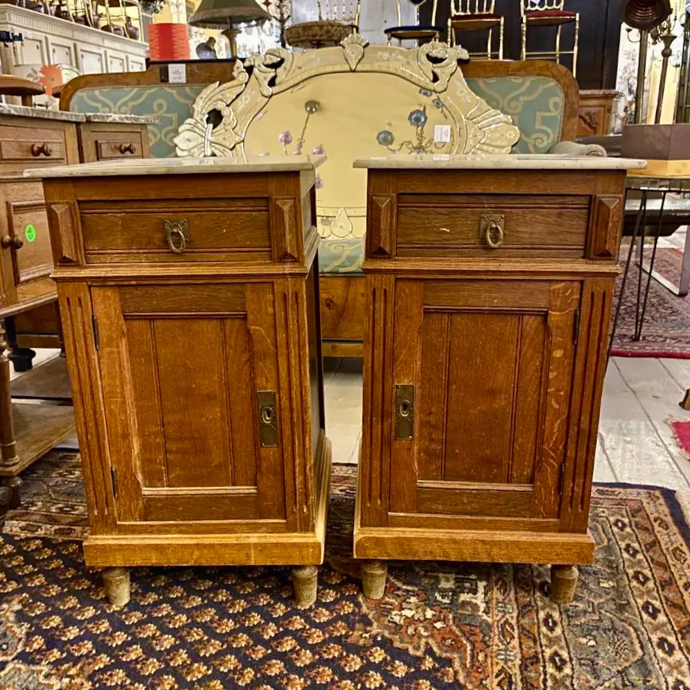 Antique Oak Bedside Pedestals With White Marble Top - Sold 1
