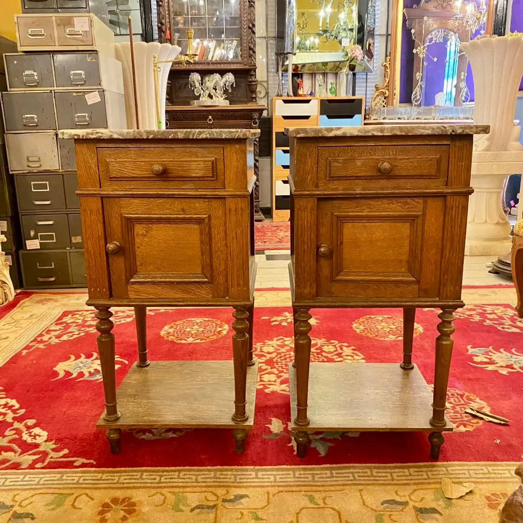 Antique Pair Of Bedside Pedestals With Mottled Marble Top - Sold 1