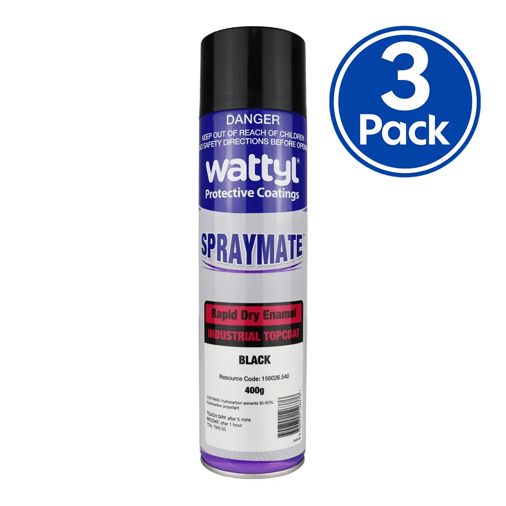 Wattyl Spraymate Industrial Quick Dry 1K Enamel Topcoat 400G Aerosol Gloss Black X 3 Pack 1