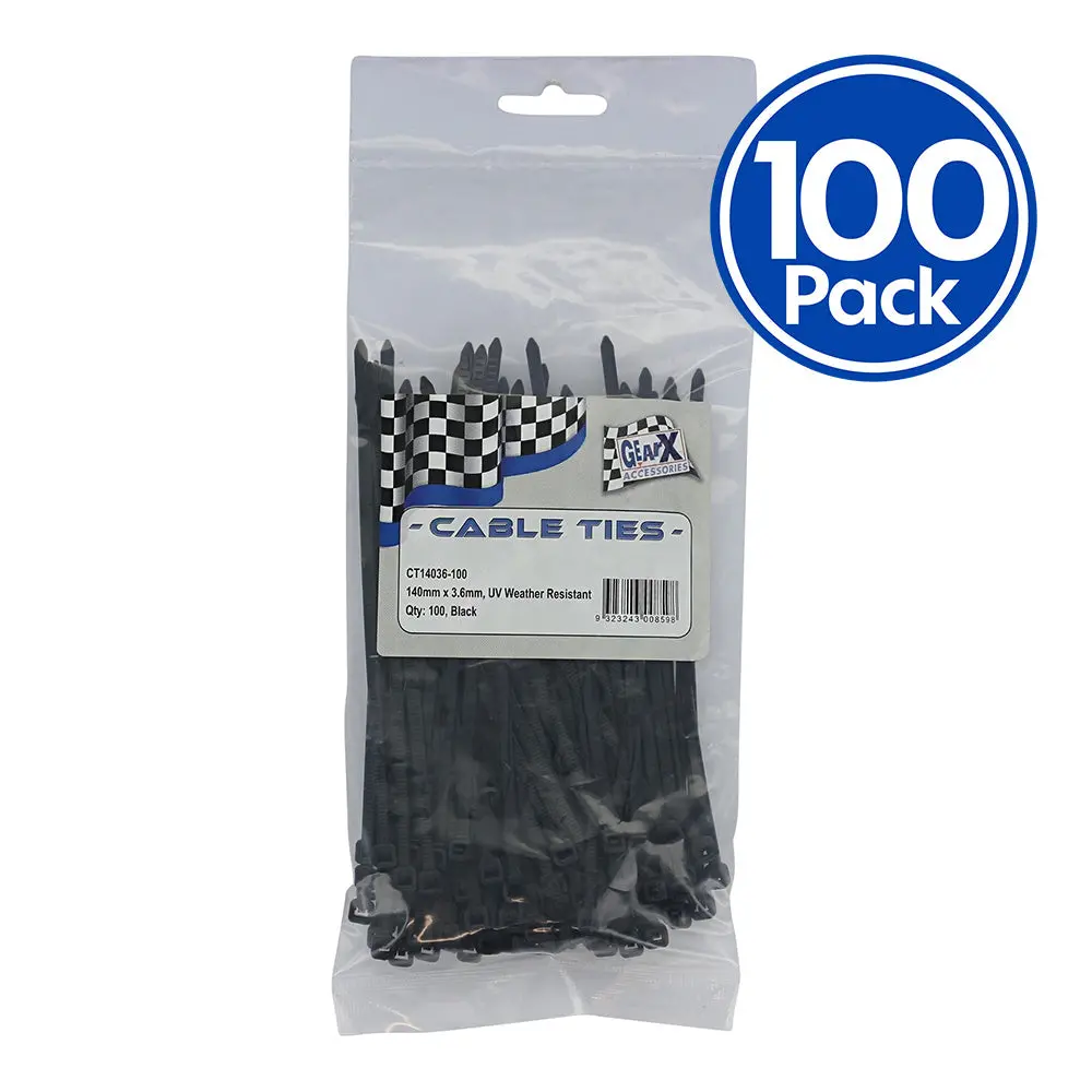 Gear-X Cable Ties Black 140Mm X 3.6Mm X 100 Pack Uv Stabilized Weather Resistant 1