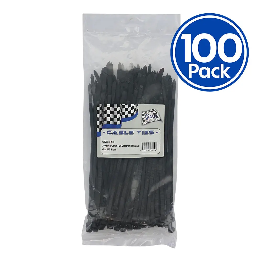 Gear-X Cable Ties Black 200Mm X 4.8Mm X 100 Pack Uv Stabilized Weather Resistant 1
