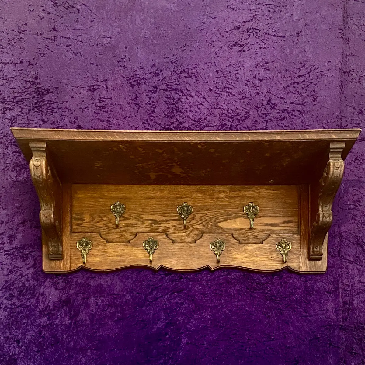 Antique Oak Coat Rack With Brass Hooks 1