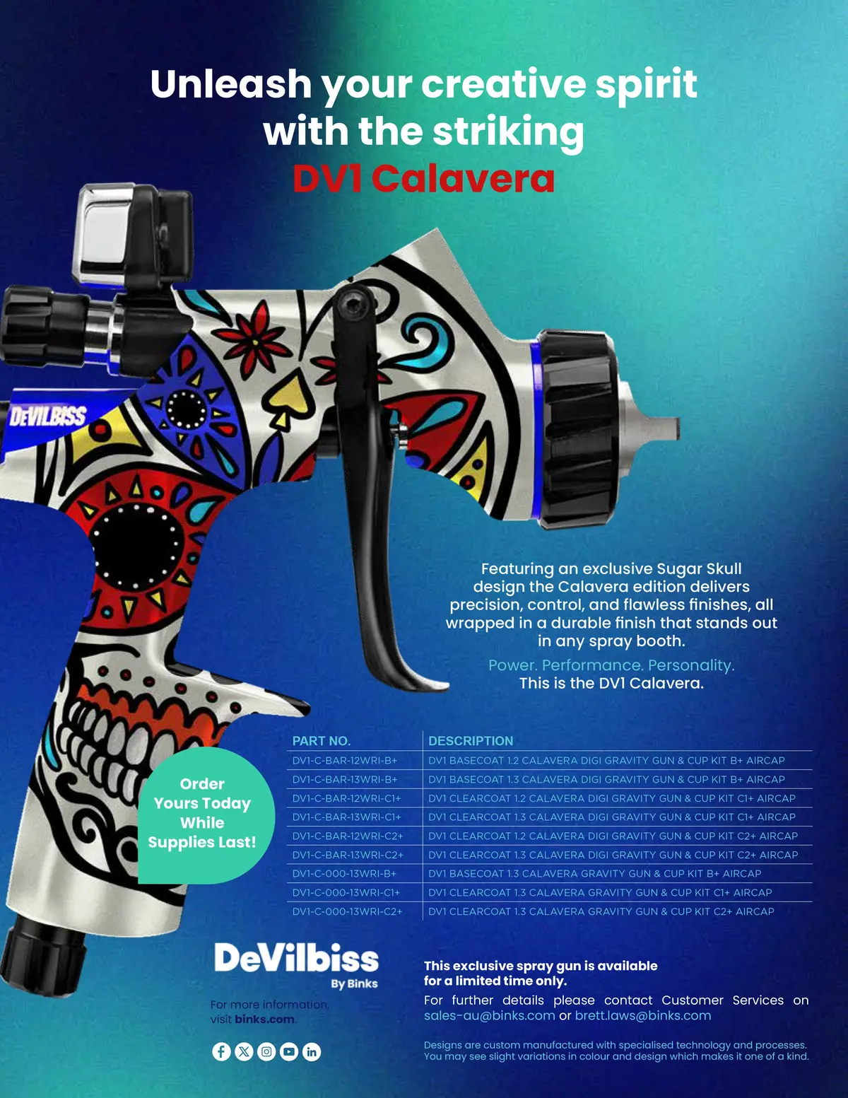 Devilbiss Limited Edition Calavera Dv1 Clearcoat 1.3Mm Gravity Gun & Cup Kit C2+ Aircap 2