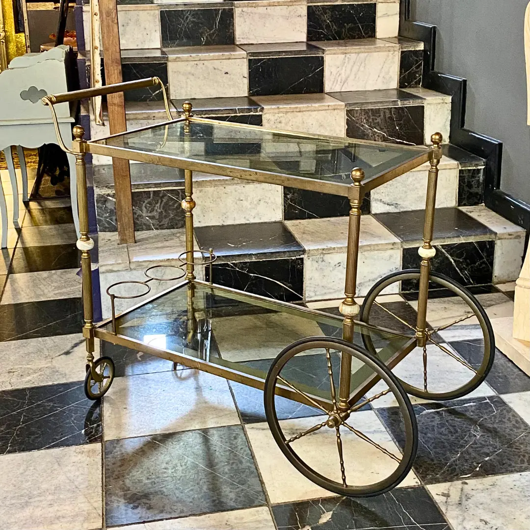 Brass Drinks Trolley With Marble Accent - Sold 1