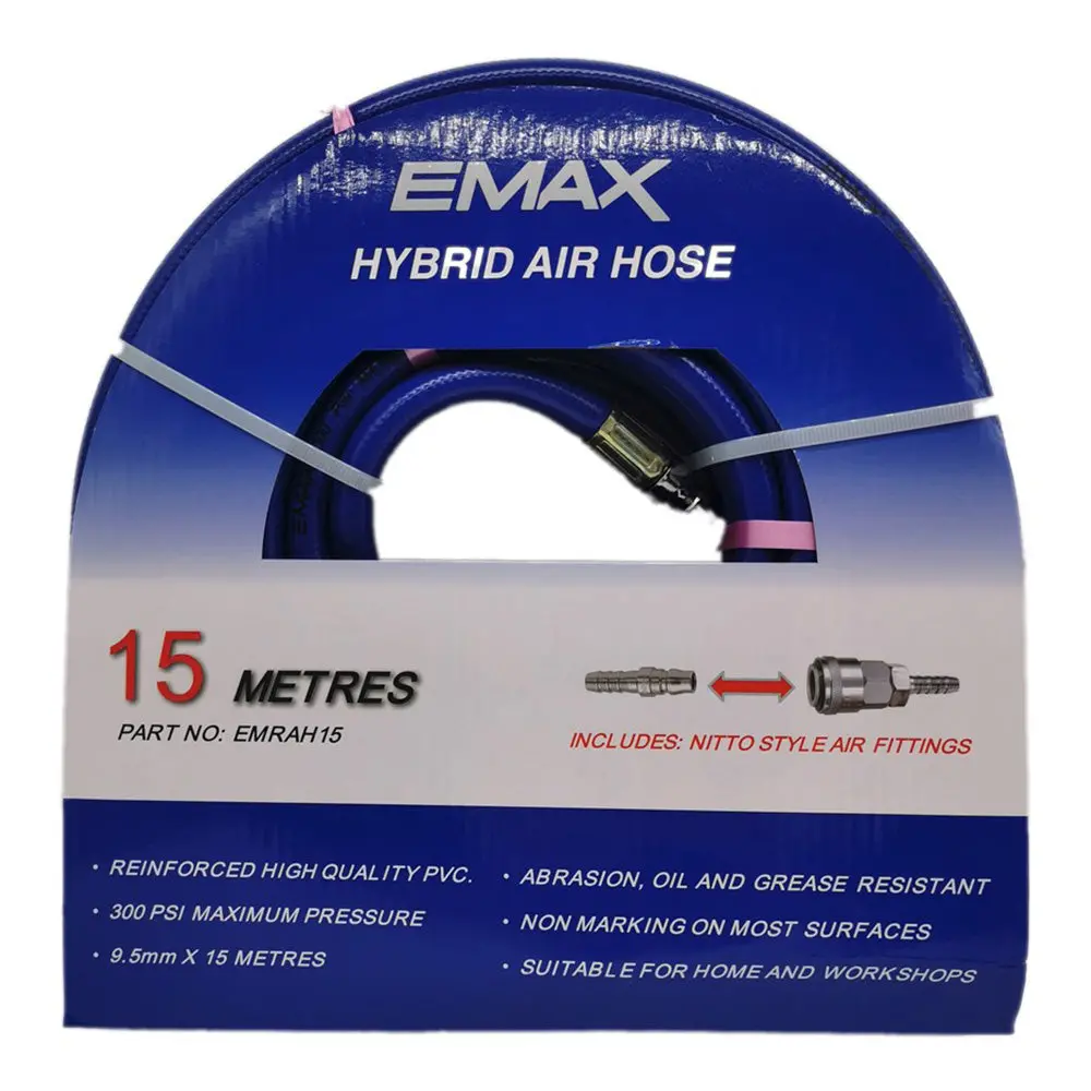 Emax Hybrid Air Hose 3/8" X 15M Rubber Pvc 300 Psi Max Pressure Nitto Fittings 1