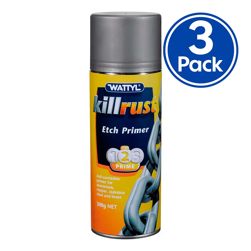 Wattyl Killrust Etch Primer Fast Drying Grey Aerosol 300G Anti Corrosive Epoxy X 3 Pack 1