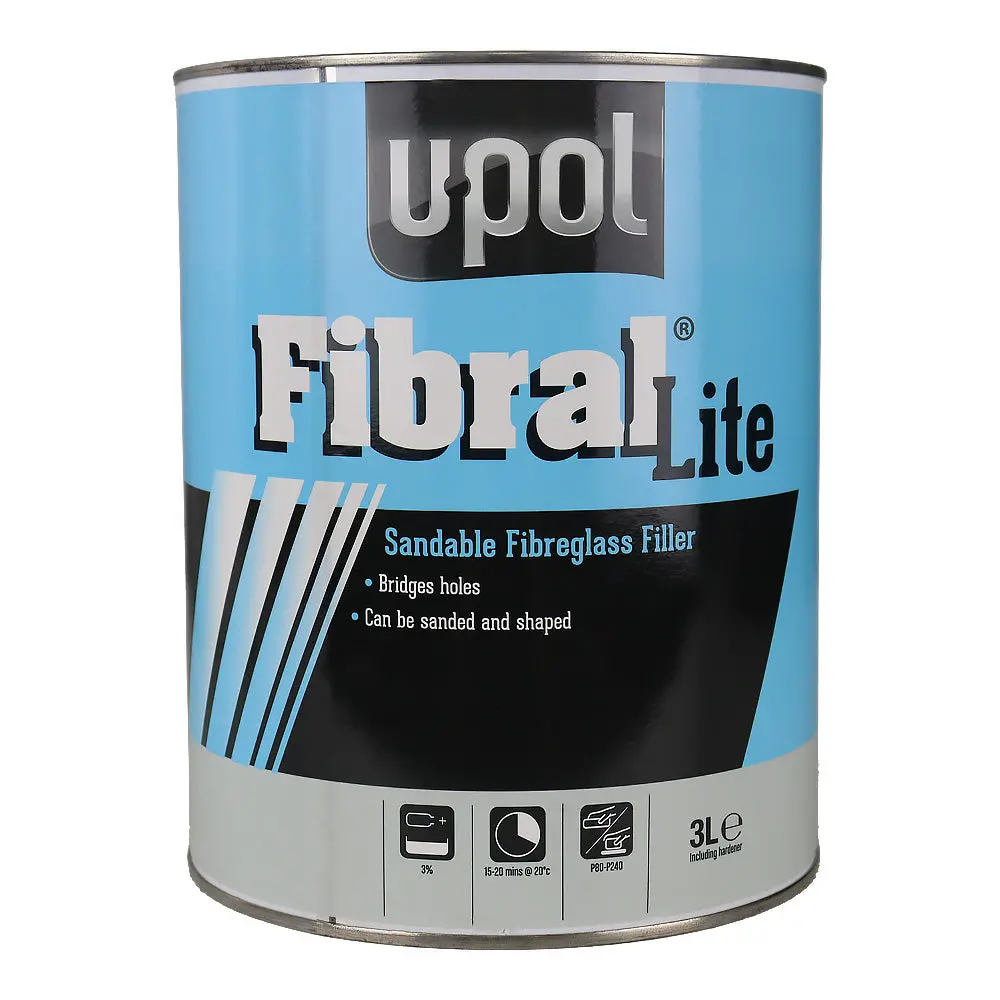 U-Pol Fibral Lite Glass Fibre Body Filler 3L Sandable Fibreglass Paste Putty 1