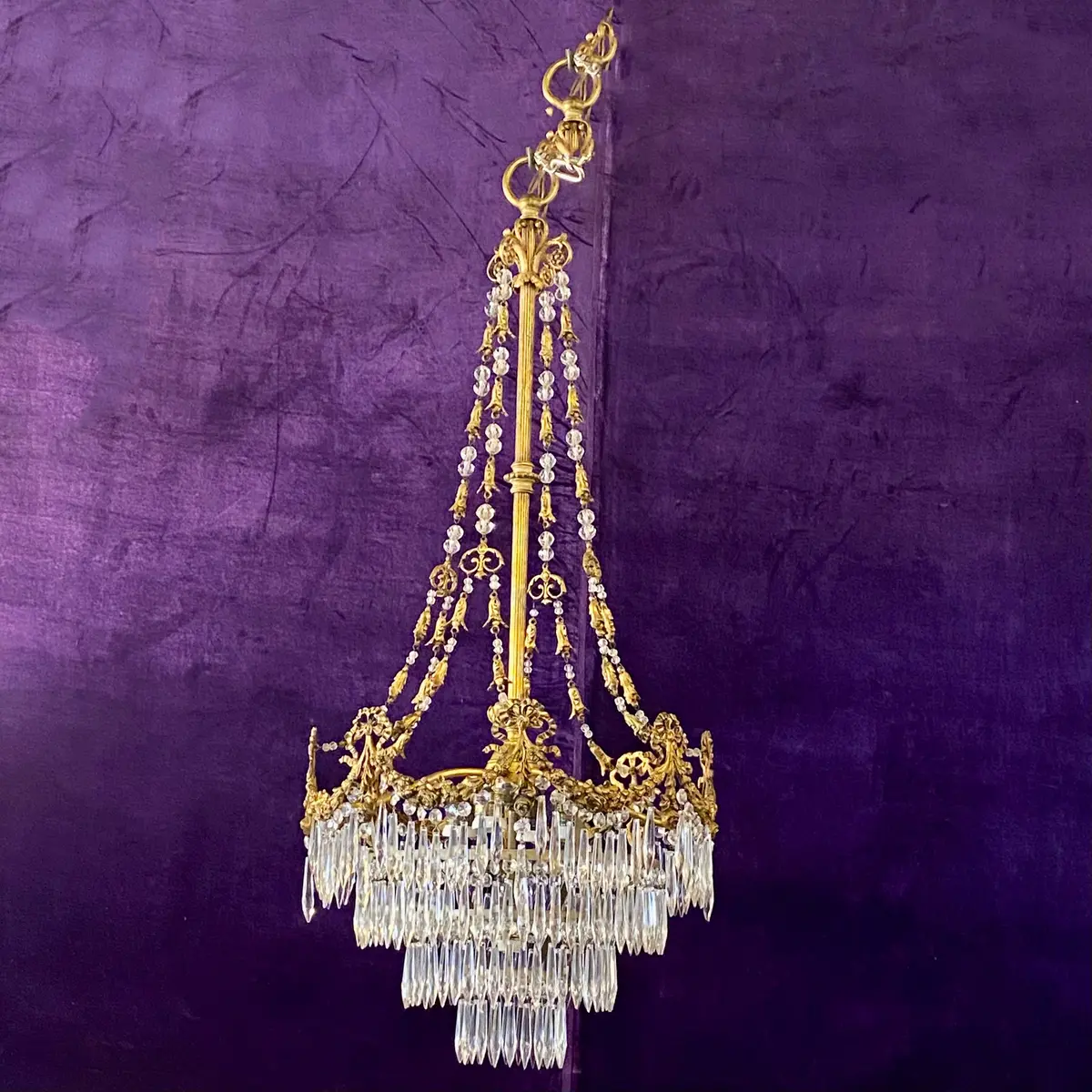 Stunning Empire Era Gilt Brass And Crystal Chandelier - Sold 1