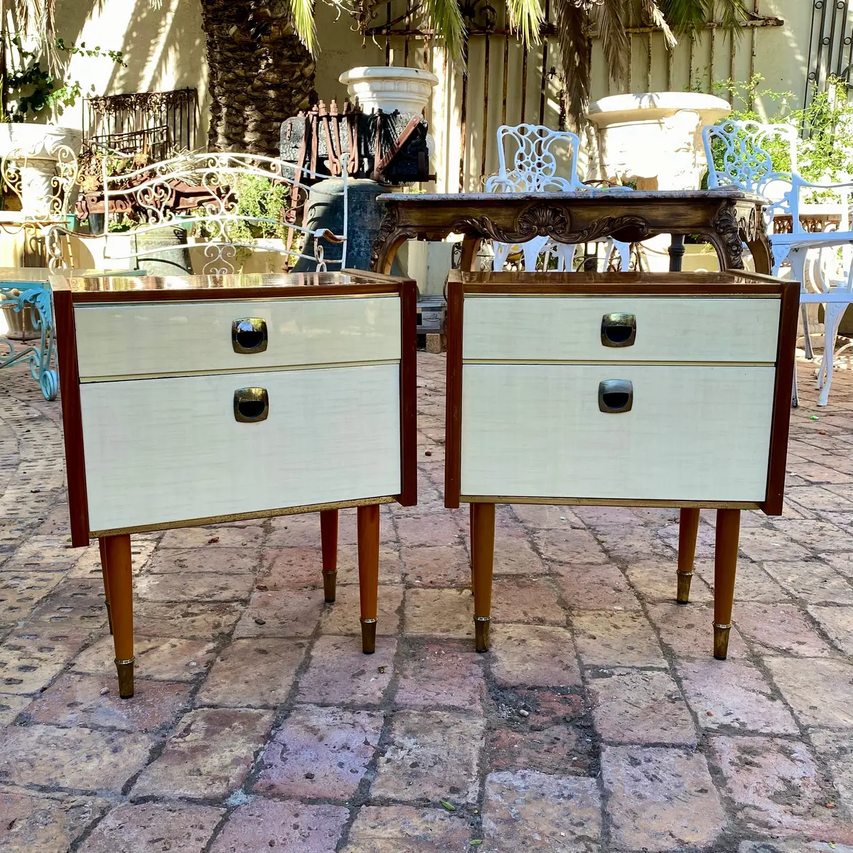 Pair Of Mid-Century Bedside Tables With Brass Accents - Sold 1