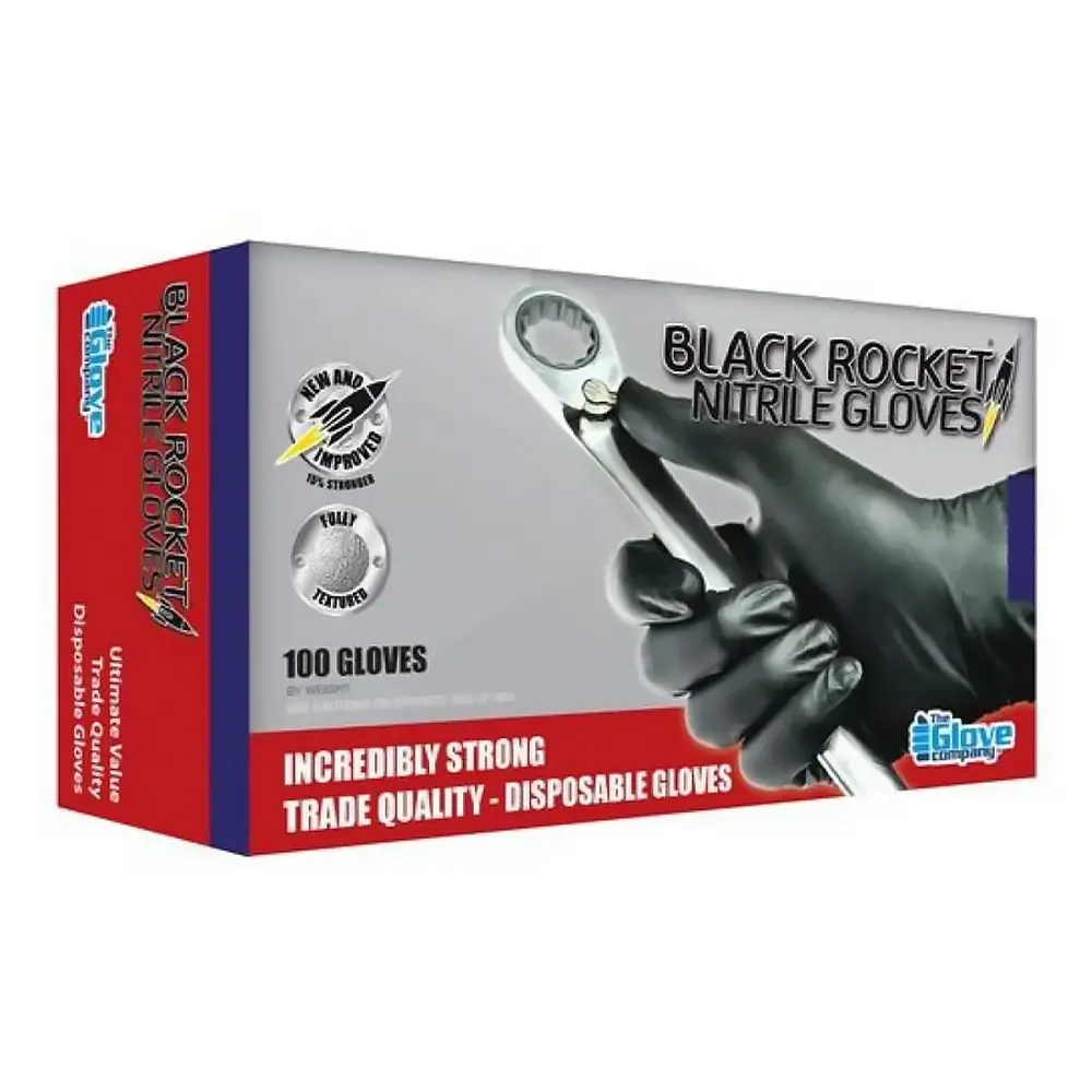 Kbs Black Rocket Nitrile Gloves Disposable Trade Quality Medium X 100 Pack Box 1