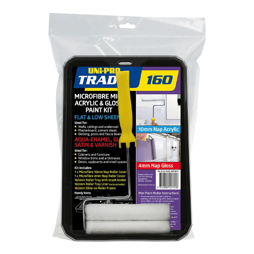 Uni-Pro Trade 160Mm Microfibre Acrylic & Gloss Roller Kit 10Mm & 4Mm Nap Paint 1