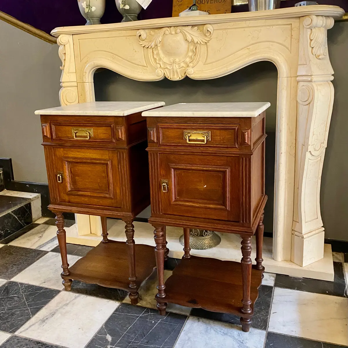 Antique French Oak Bedside Pedestal With White Marble - Sold 1