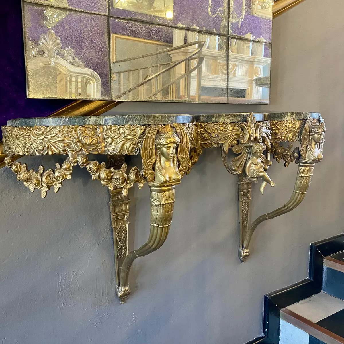 Antique Brass Console With Green Marble Top - Sold 1