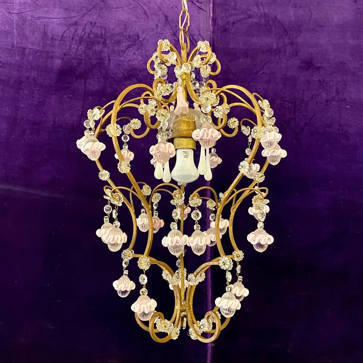 A Vintage Wrought Iron Chandelier With Glass Roses - Sold 1