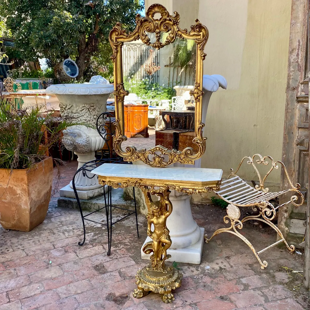 Antique French Gilt Mirror & Console Set With Marble Top - Sold 1