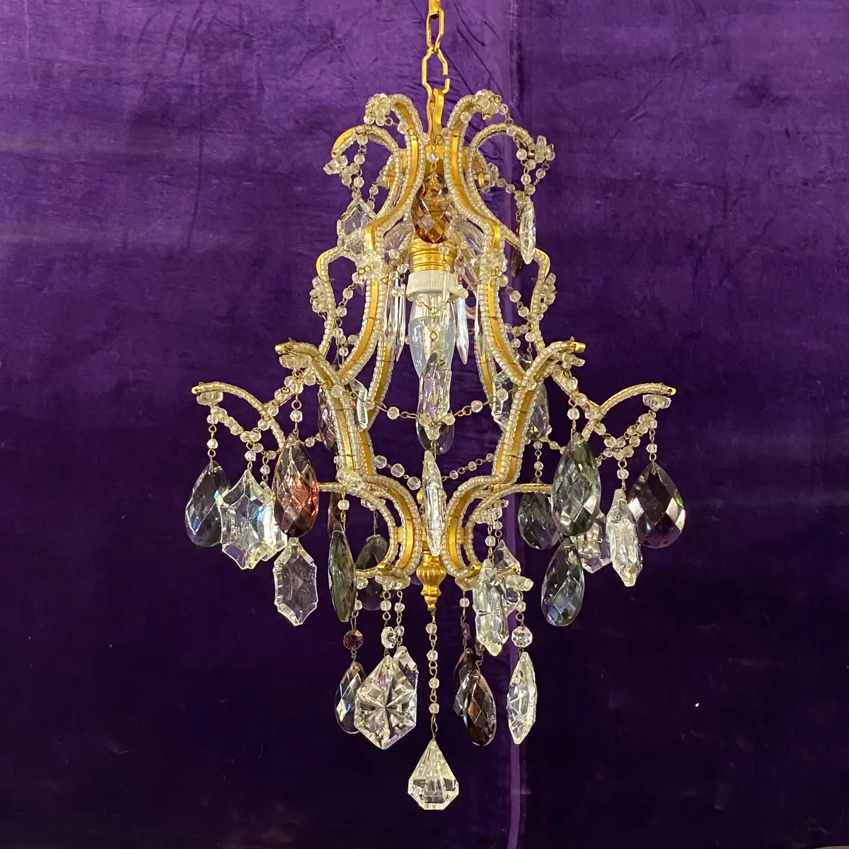 Antique Italian Cage Chandelier With Coloured Crystals - Sold 1