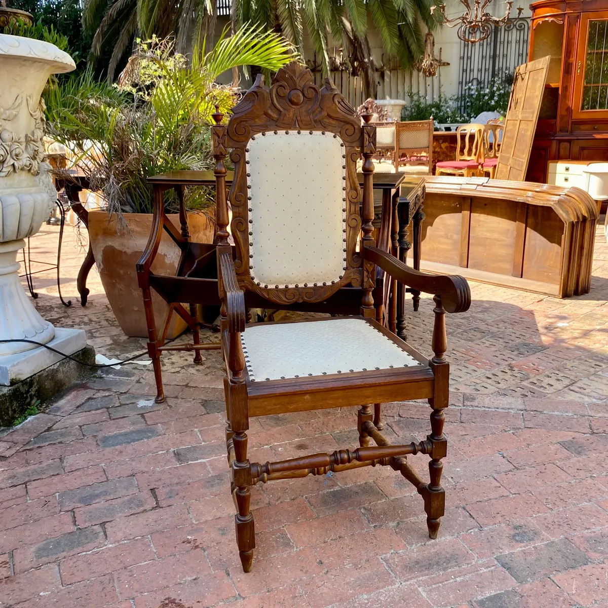 Antique Carved Chair With Brass Studs 1