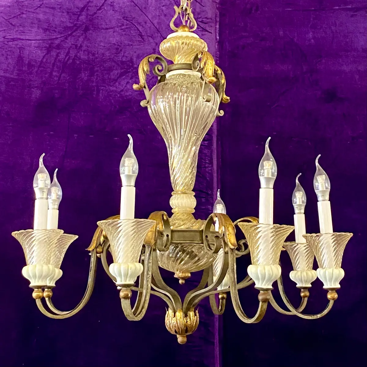 Large Wrought Iron And Glass Chandelier With Gilt Details - Sold 1