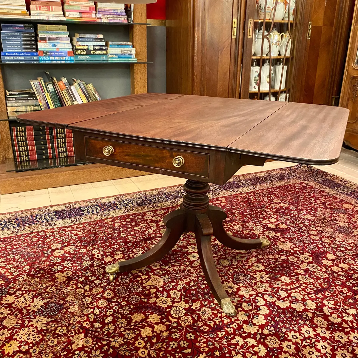 Antique Drop Leaf Table With Brass Accents 1
