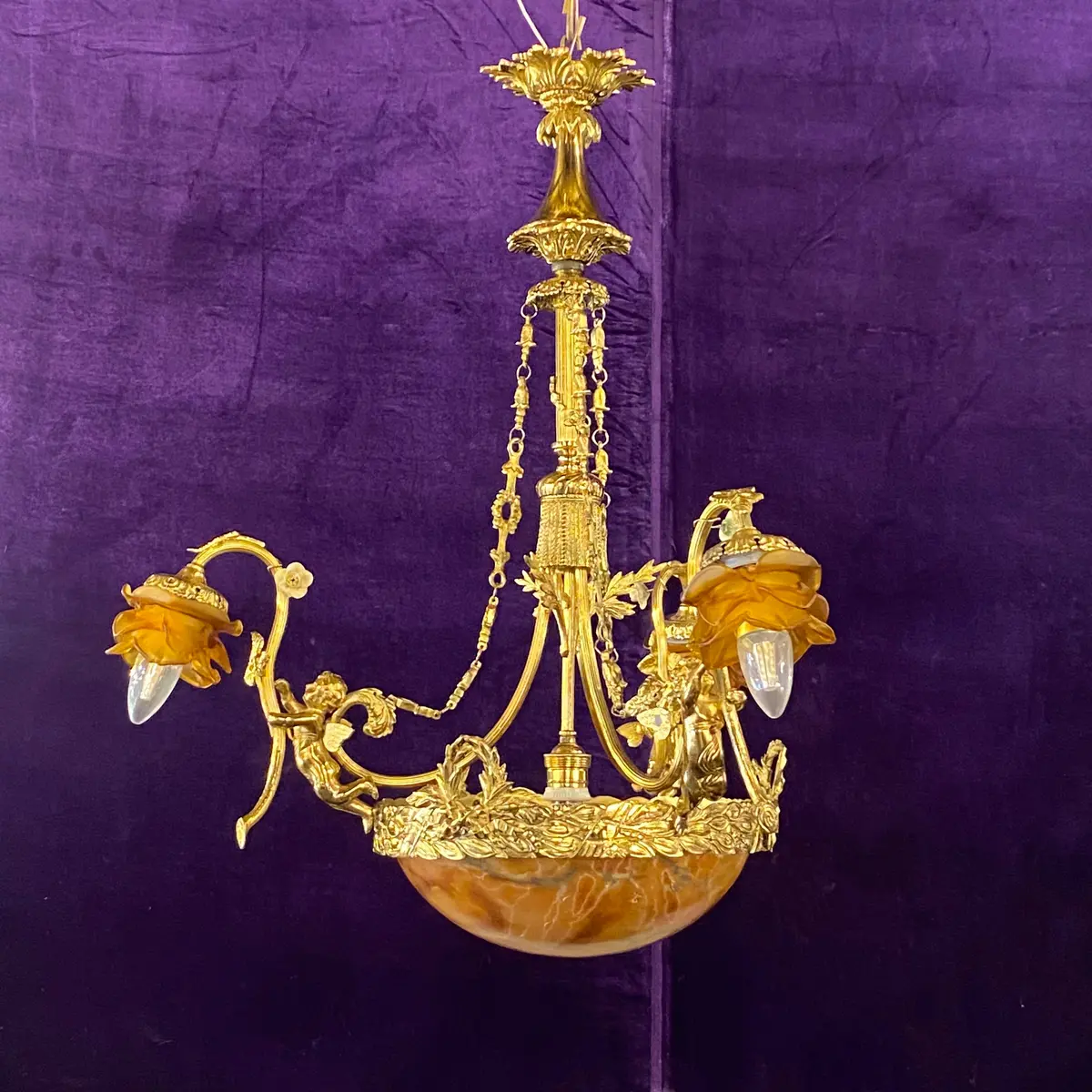 Stunning Antique Cast Brass & Onyx Chandelier With Amber Glass Shades - Sold 2