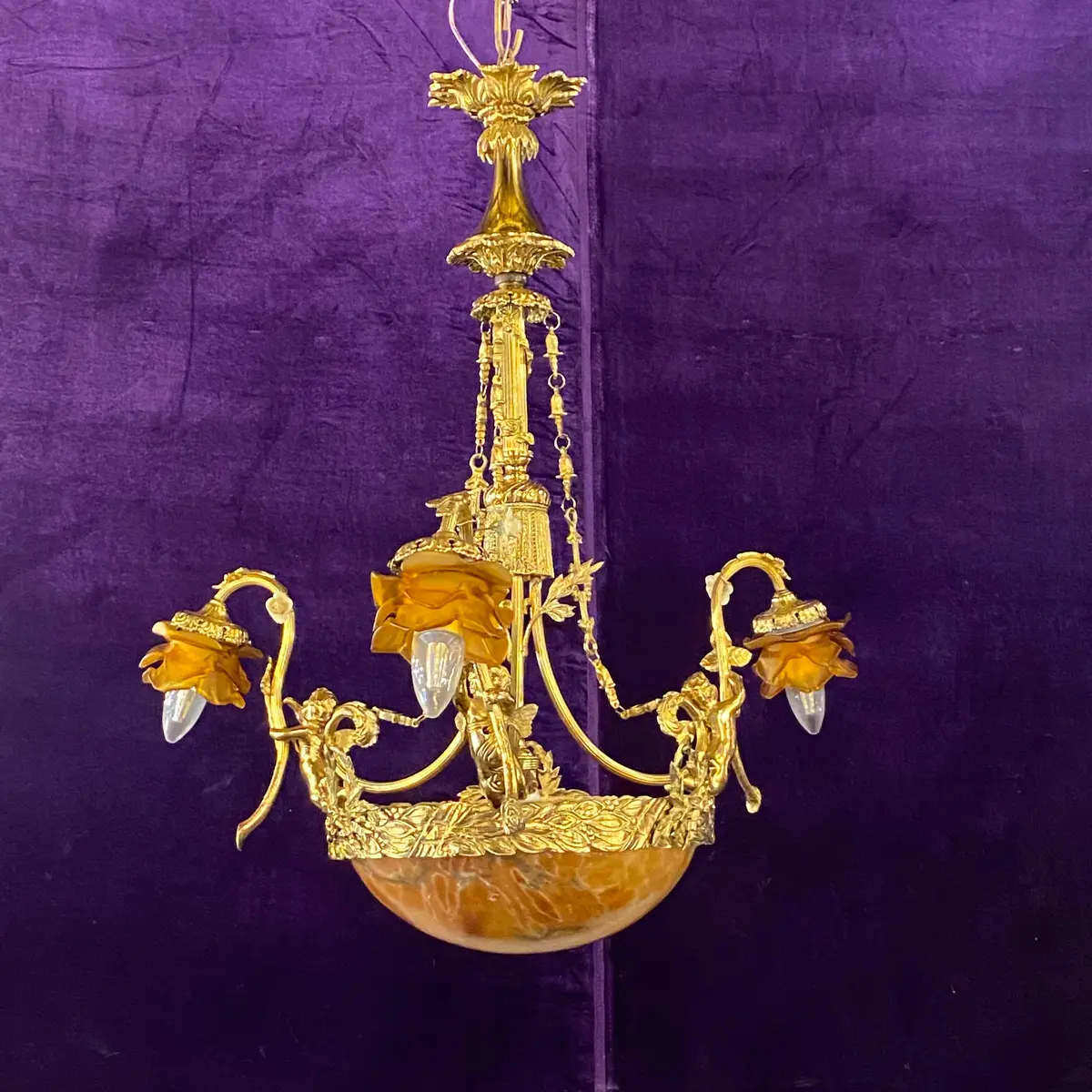Stunning Antique Cast Brass & Onyx Chandelier With Amber Glass Shades - Sold 1
