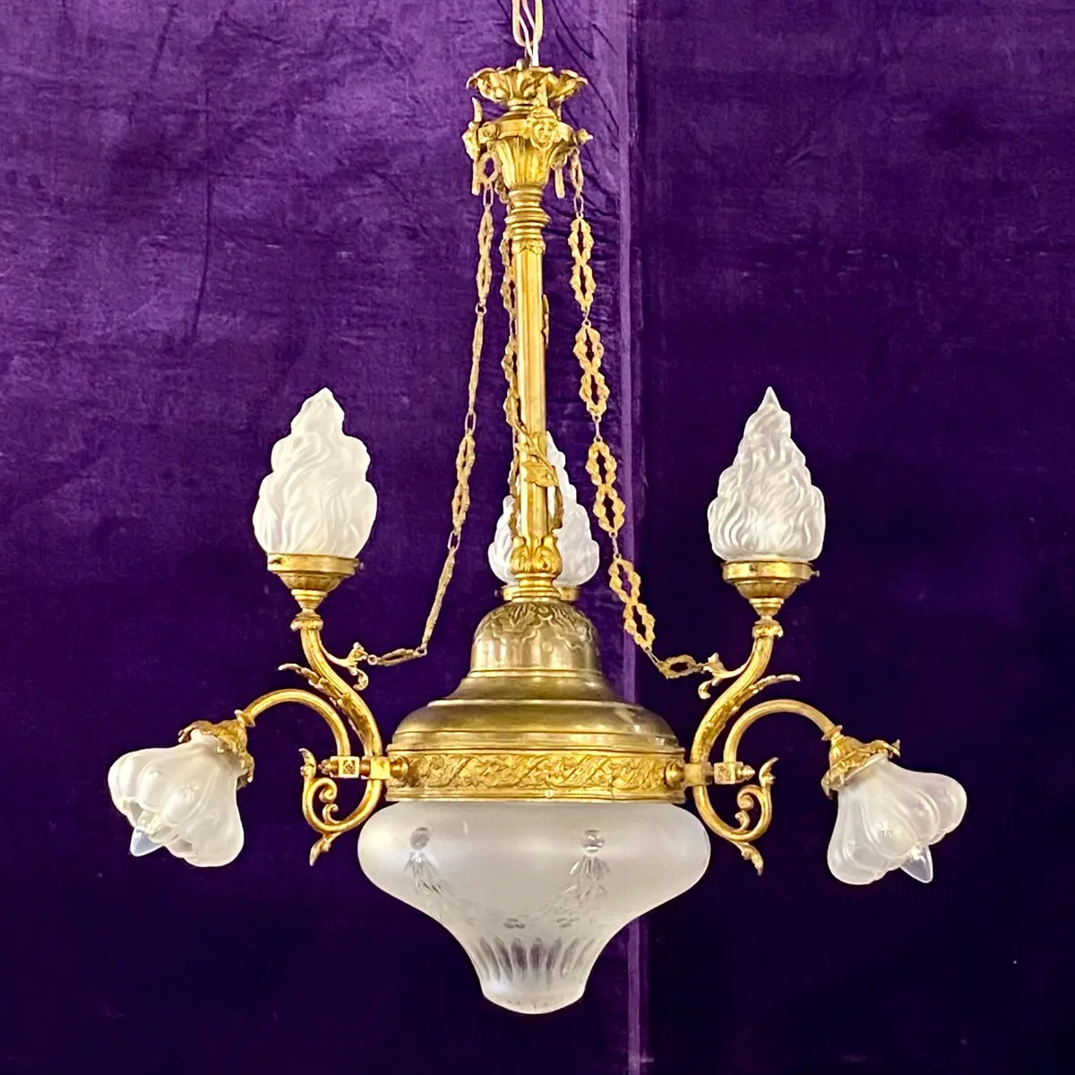 Victorian Cast Brass Pendant With Original Etched Glass Shades - Sold 1