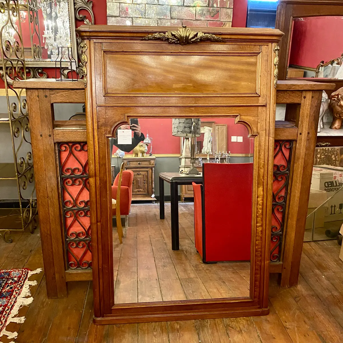 Antique French Oak Mirror With Brass Castings 1