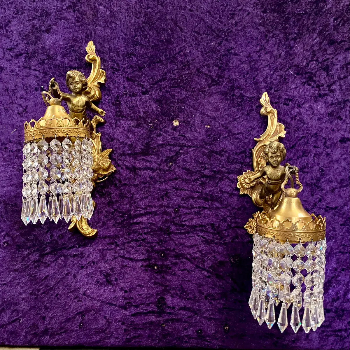Antique Pair Of Brass And Crystal Cherub Sconces - Sold 1