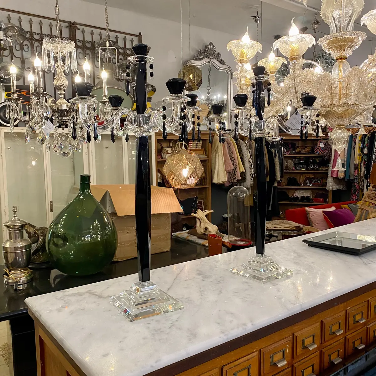 Heavy Black & Clear Cut Glass Candelabras 1