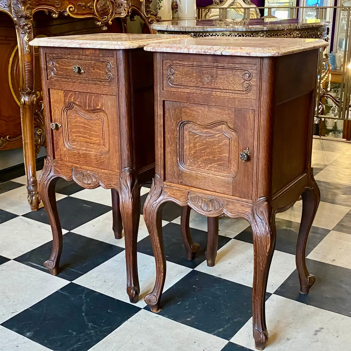 Antique Oak Pedestals With Pink Marble Tops - Sold 1