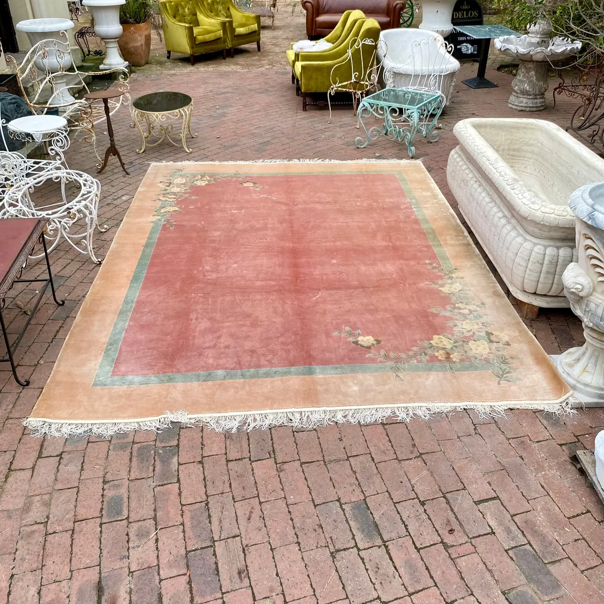 Large Vintage Muted Tone Carpet With Floral Detail 1