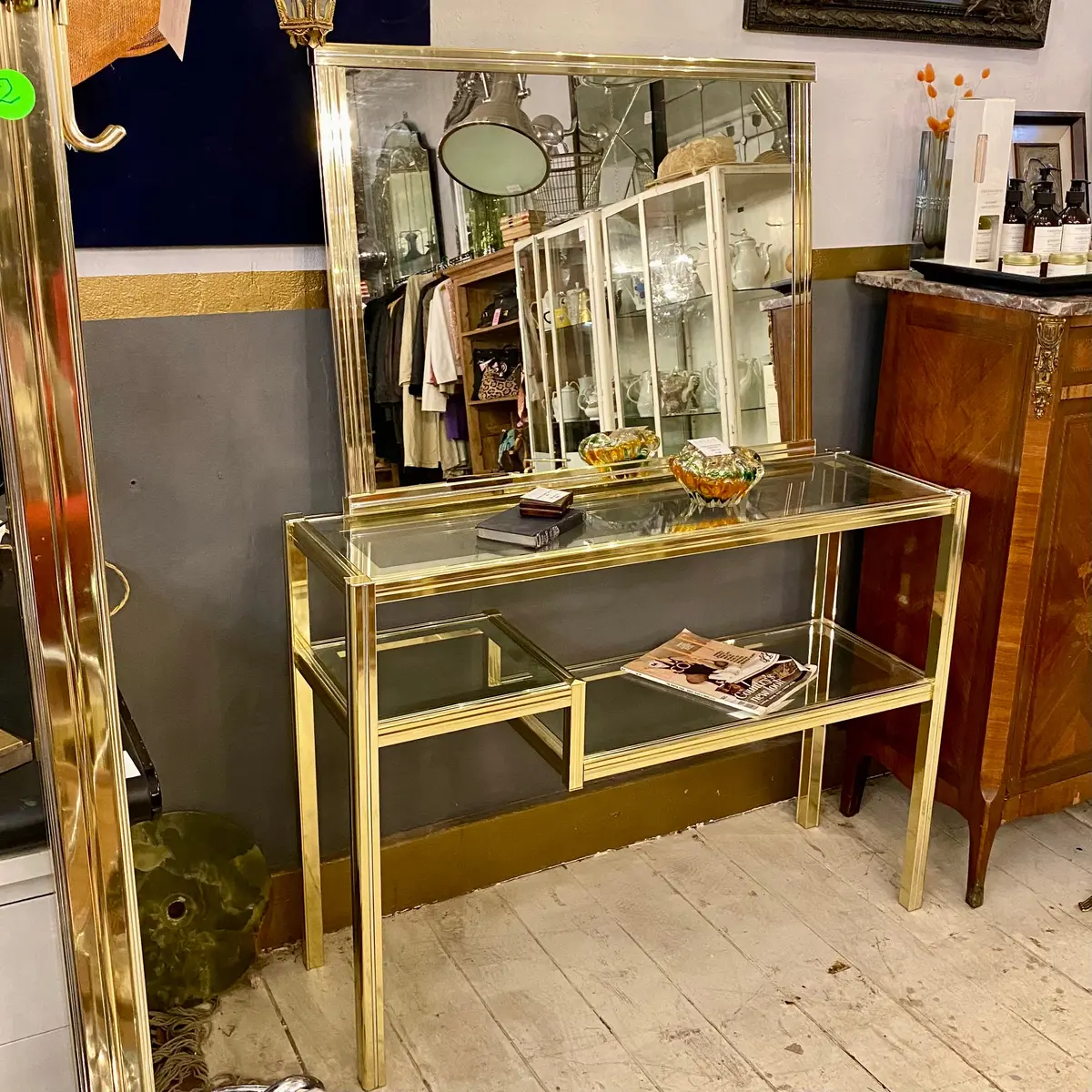 Vintage Polished Brass And Glass Mirror Console Set 1