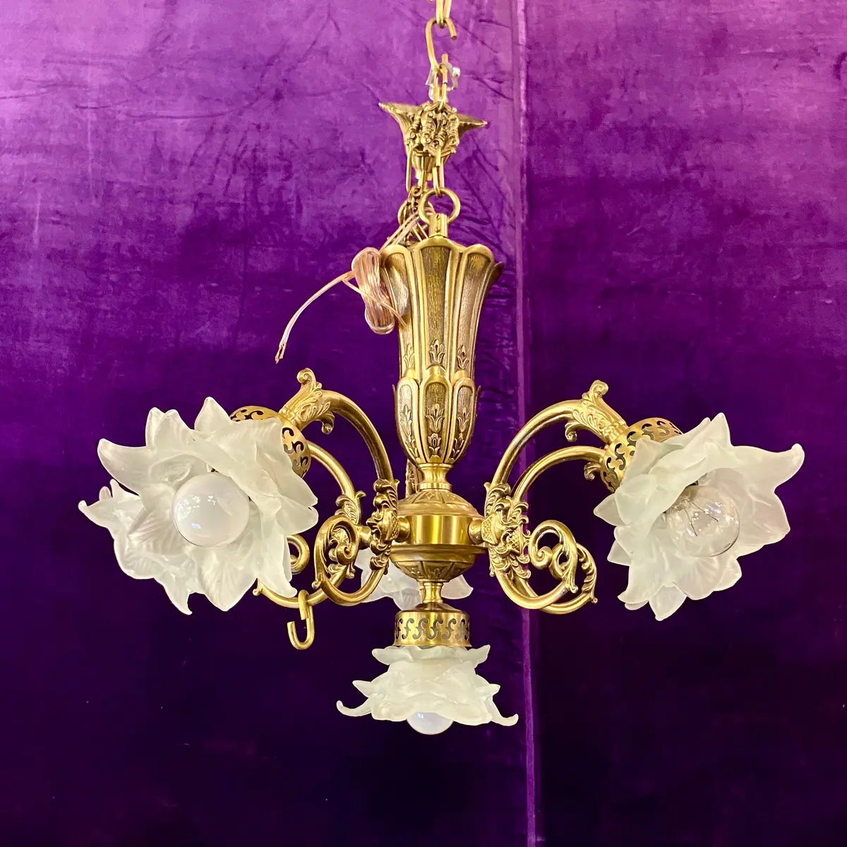 Pretty Antique Brass Chandelier With Frosted Rose Shades - Sold 1