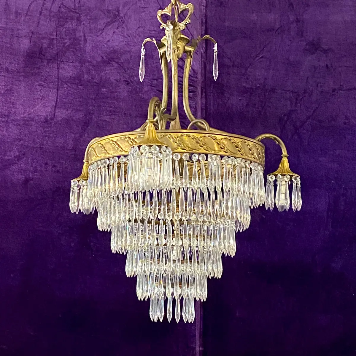 Antique Brass And Crystal Waterfall Chandelier - Sold 1