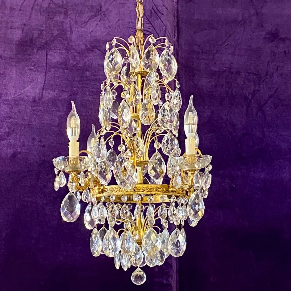Stunning Vintage Italian Gilt Chandelier With Teardrop Crystals - Sold 1