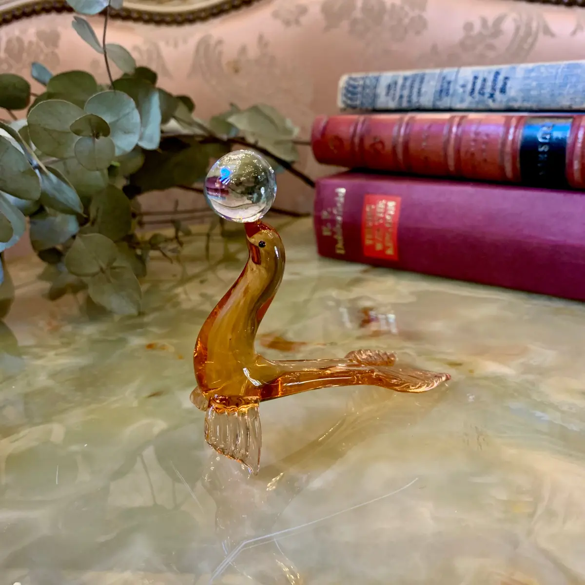 Peach Seal And Clear Ball Murano Figurine - Sold 1