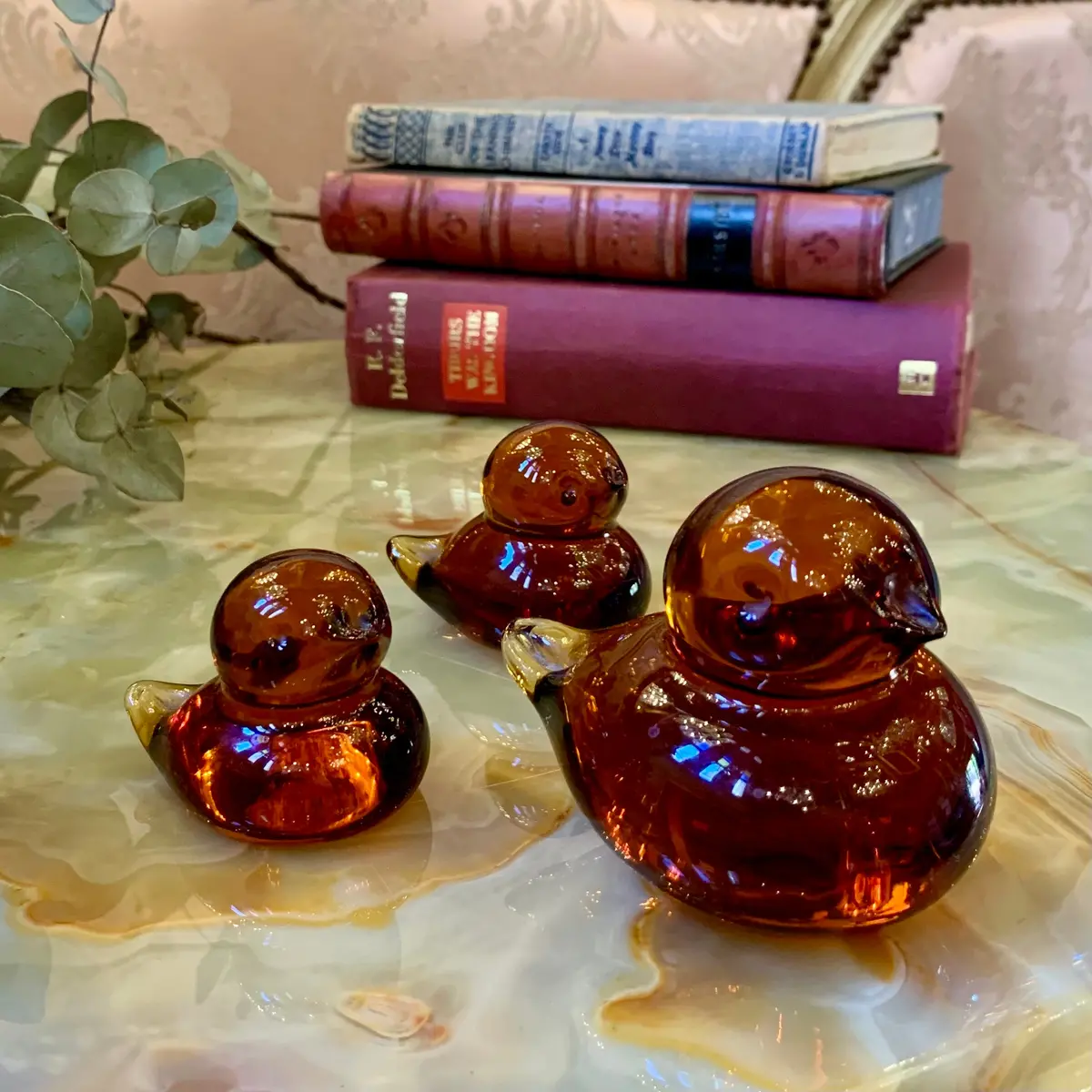 Set Of 3 Burnt Amber Murano Birds 1