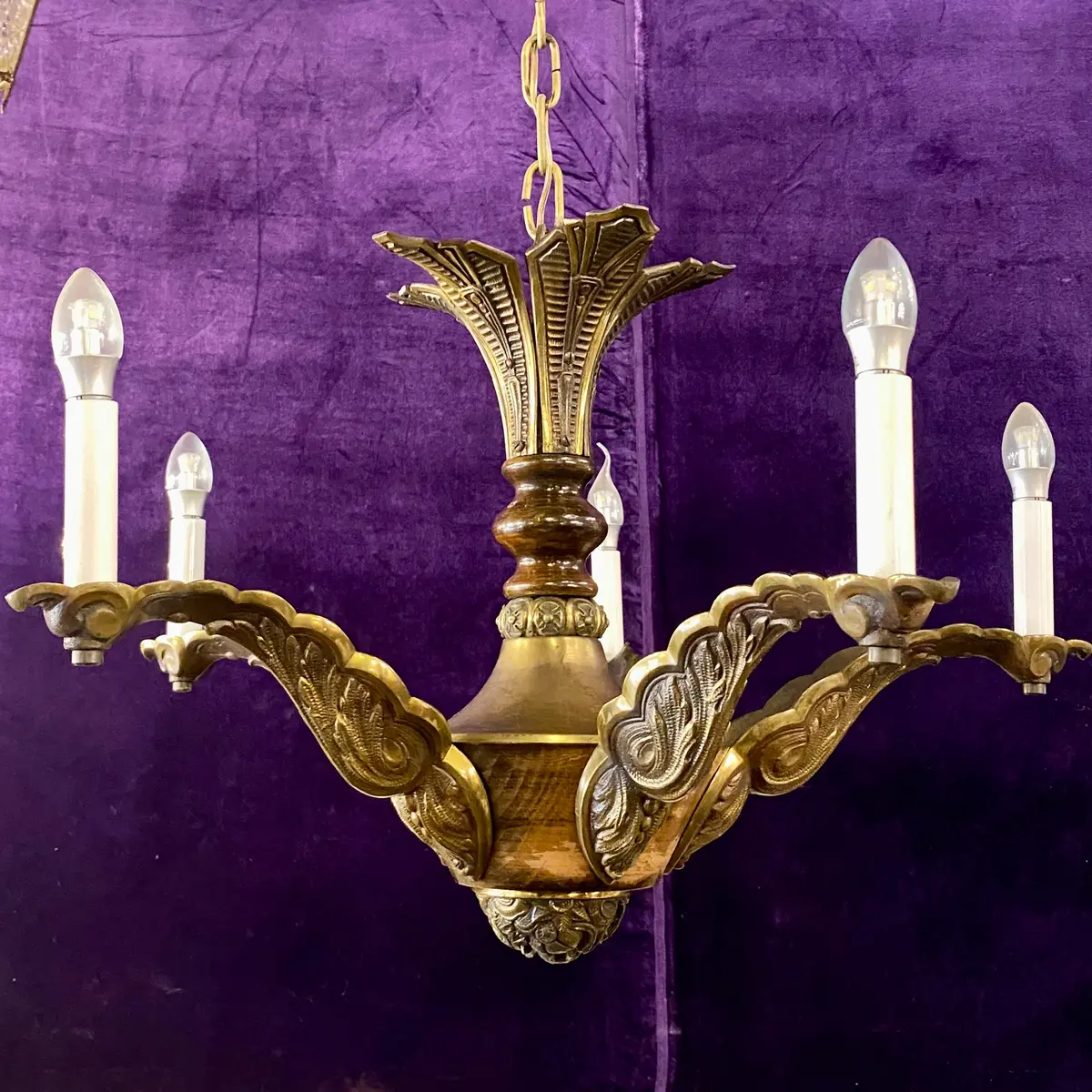Victorian Brass And Wood Chandelier 1